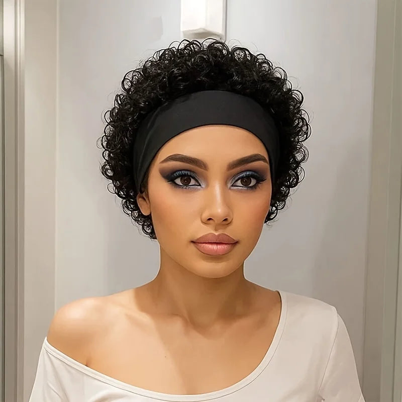 Headband Wig Human Hair for Woman Pixie Cut Wig Short Curly Hair Headband Wig Machine Made 150% Density Black Beginner Friendly
