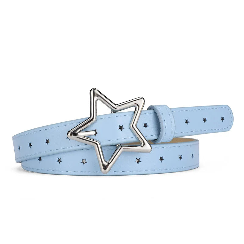 1.8x93cm Children Kids Five-pointed Star Metal Snap PU Leather Belt Girls Boys Silver Buckle Waistband Pants Decor Waist Belt