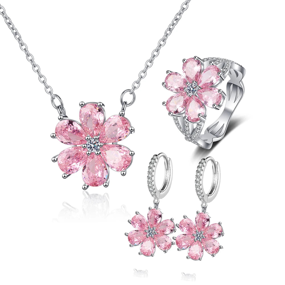 Fashion Wedding Ring for Women Pink Zircon Crystal Flower Pendant Bracelets Earrings Necklace Rings Fine Jewelry Sets FCGJHW