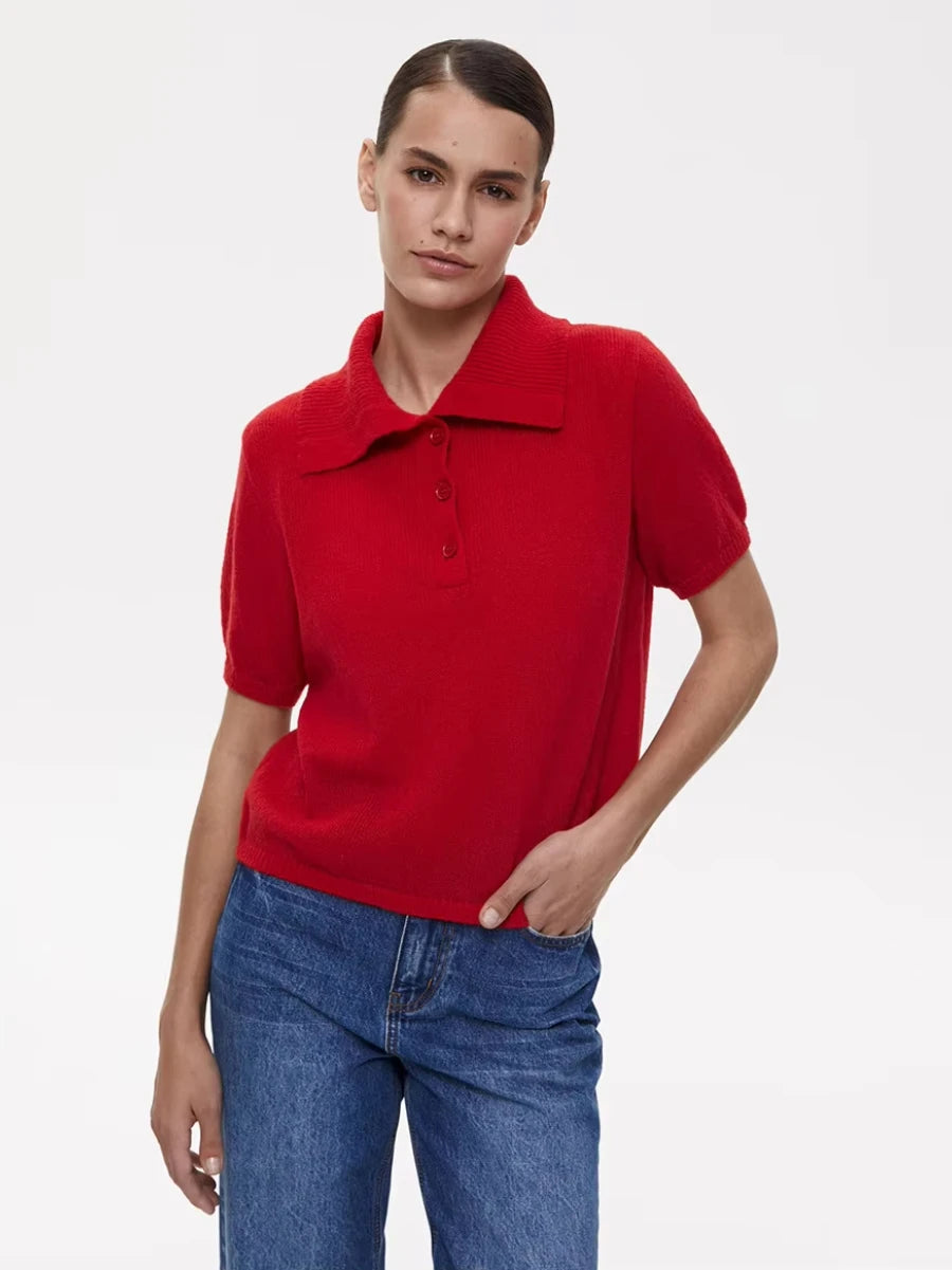 Bronladies Women's Polo Hollow Knitted Short Sleeved Sweater Spring Summer Bubble Sleeve T-shirt Female Simple Knitted Sweater