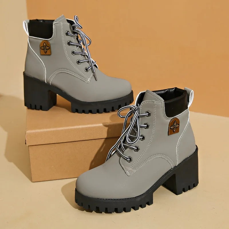 New Fashion Platform Boots for Women Retro Round Toe Coarse Heeled Ankle Boots Autumn High Heel Shoes for Women Botas Para Mujer