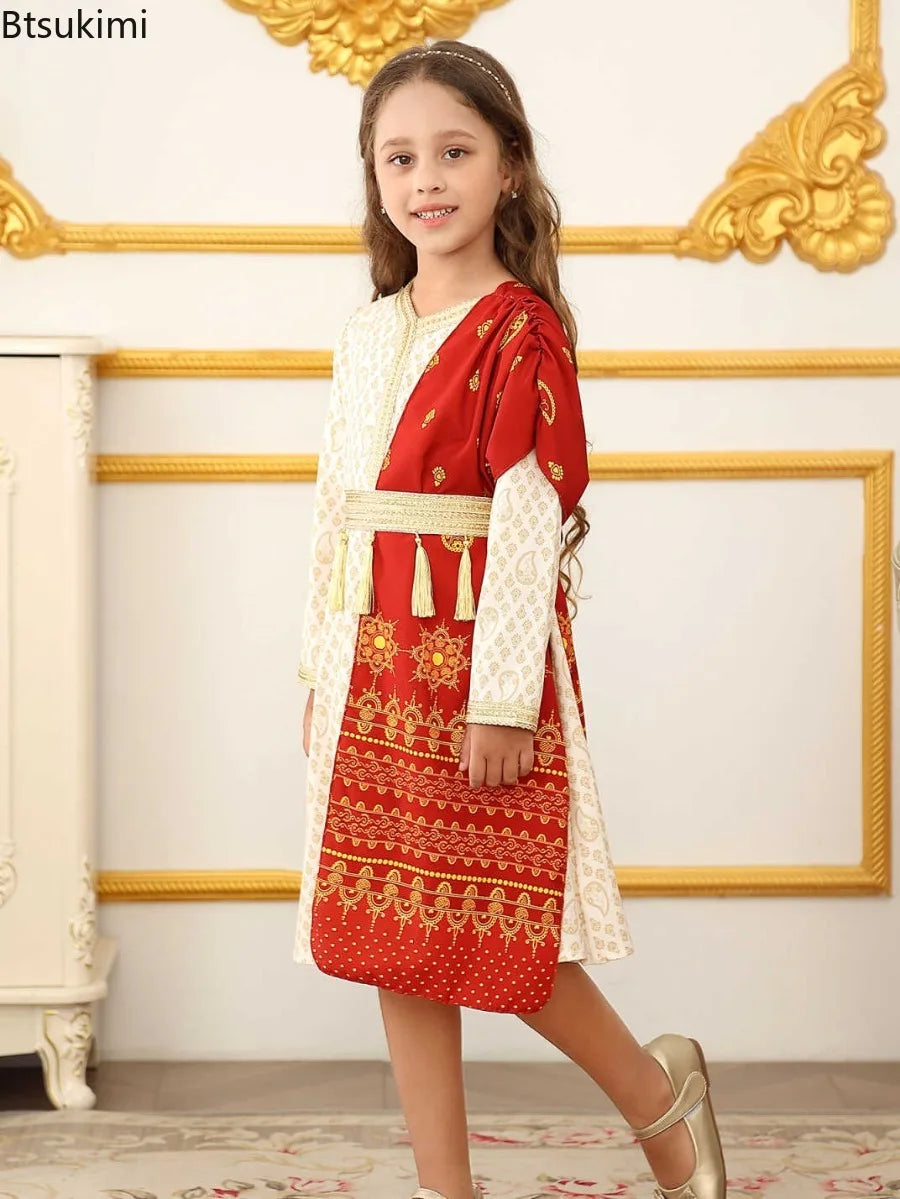 Kids Clothes Middle East Girls Dress Muslim Fashion Abayas Arabic Dubai Tassel Lace-up Gowns Islam Indian Wedding Party Dresses