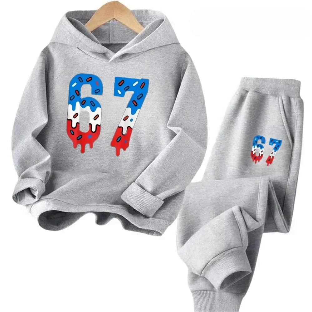 67 Chic Children's Hoodies Set 4-13Y Korean Streetwear Block Tracksuit Fashion Comfortable Kids Sweatshirt 2 Pcs Sets Pant Suit