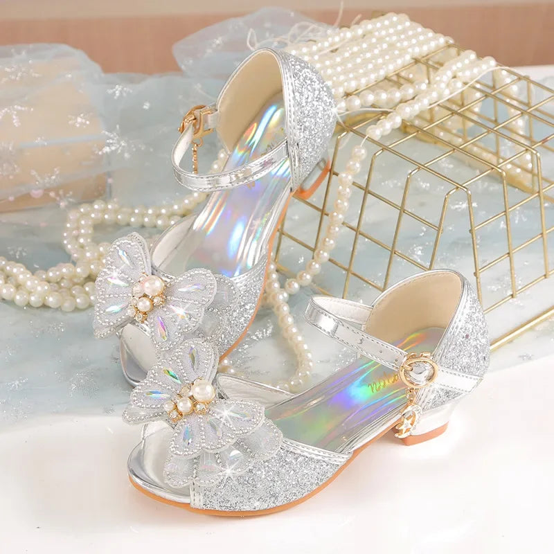 Children's Princess Wedding Party Shoes Summer New Girls Crystal Sandals Fashion Pearl Bowknot Baby Kids Performance High Heels