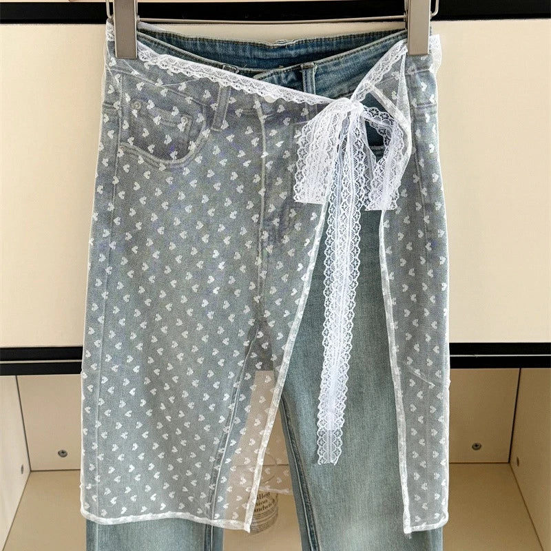 Spring Summer Lace-up Lace Side Half-body Skirt Short Fart Curtain Apron Girls Sweet Jeans Casual Pants Accessories Skirt