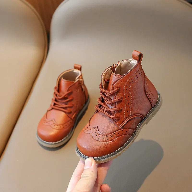 Children Boots 2025 Autumn Kids Soft PU Leather Boots Brogue Style Lace-up Side Zip 1-6 Years Girls Boys Ankle Boots Brown,Black
