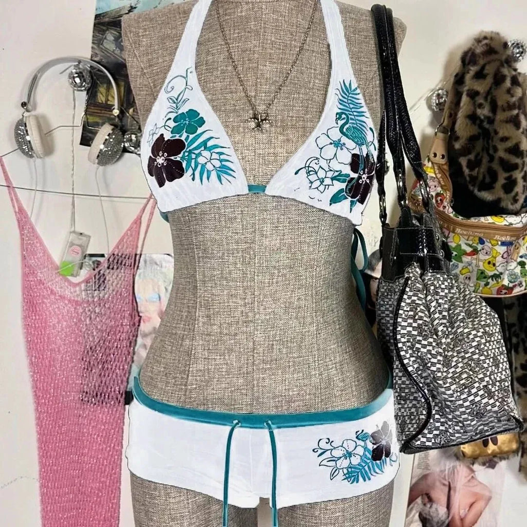 UETEEY 2025 New Summer Swimwear Bikinis Set Sexy Printed Lace Back Naked Bikini 2 Pieces Set Women's Swimwear Slit Beach Bikini