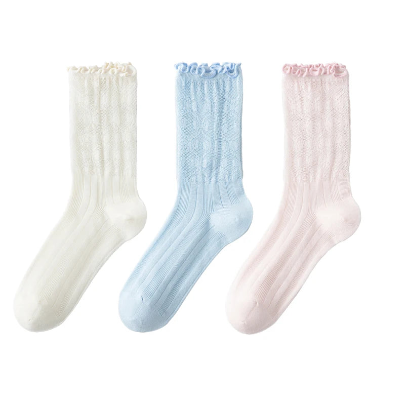 3 Pairs Women Socks Spring Summer Solid Color Thin Mesh Breathable Cute Lace Fashion Korean Style Long Socks for Women