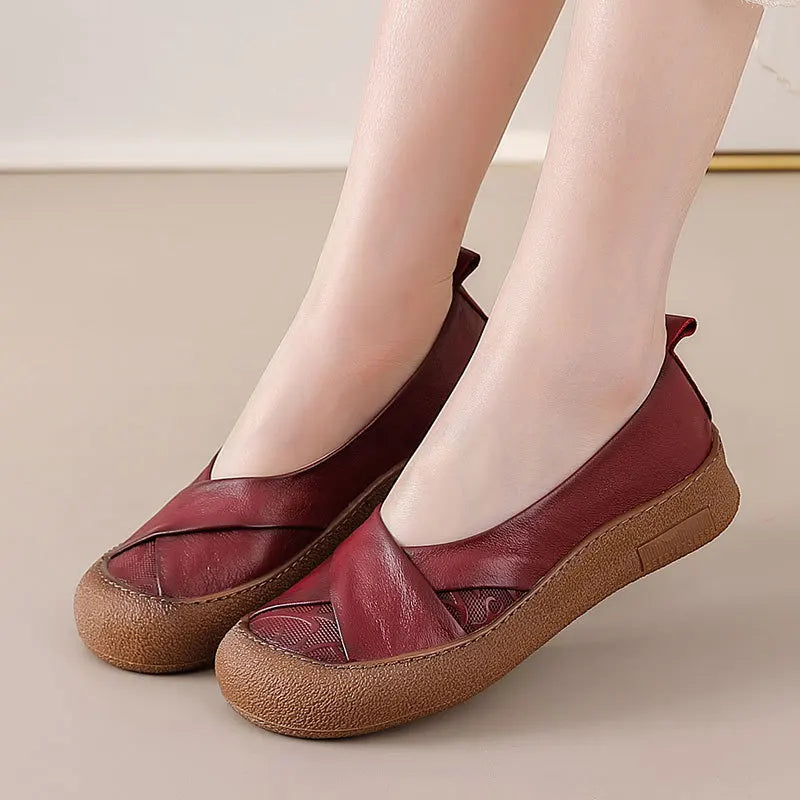 Spring Fashion Women's Loafers Genuine Leather Soft Moccasin Retro Butterfly-Know Flower Summer Ballet Flats Ladies Shoes