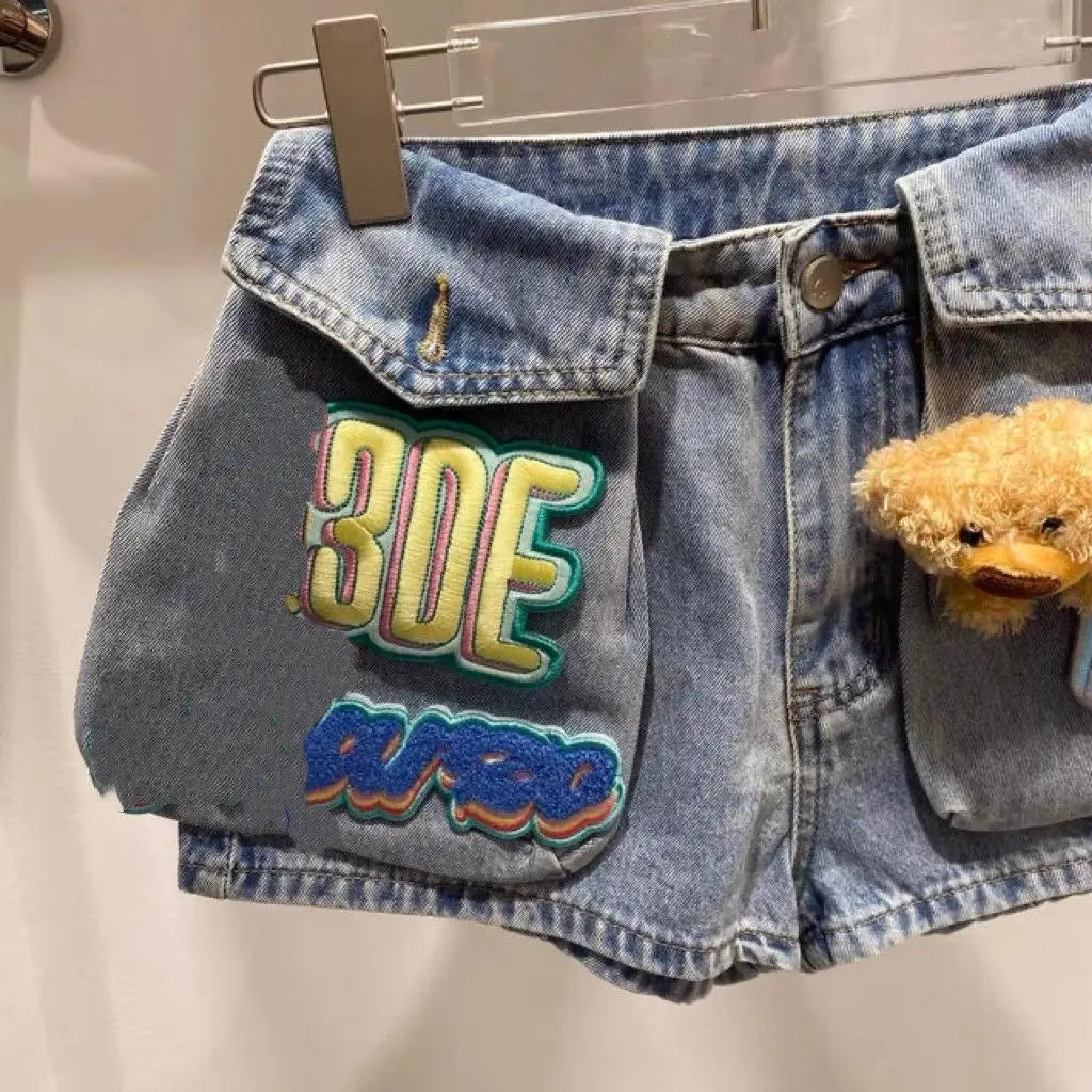 Nicemix 3D Teddy Bear Patch Design Slim Fit Denim Shorts for Women Summer New Stylish High Waist Loose Casual Jeans for Women