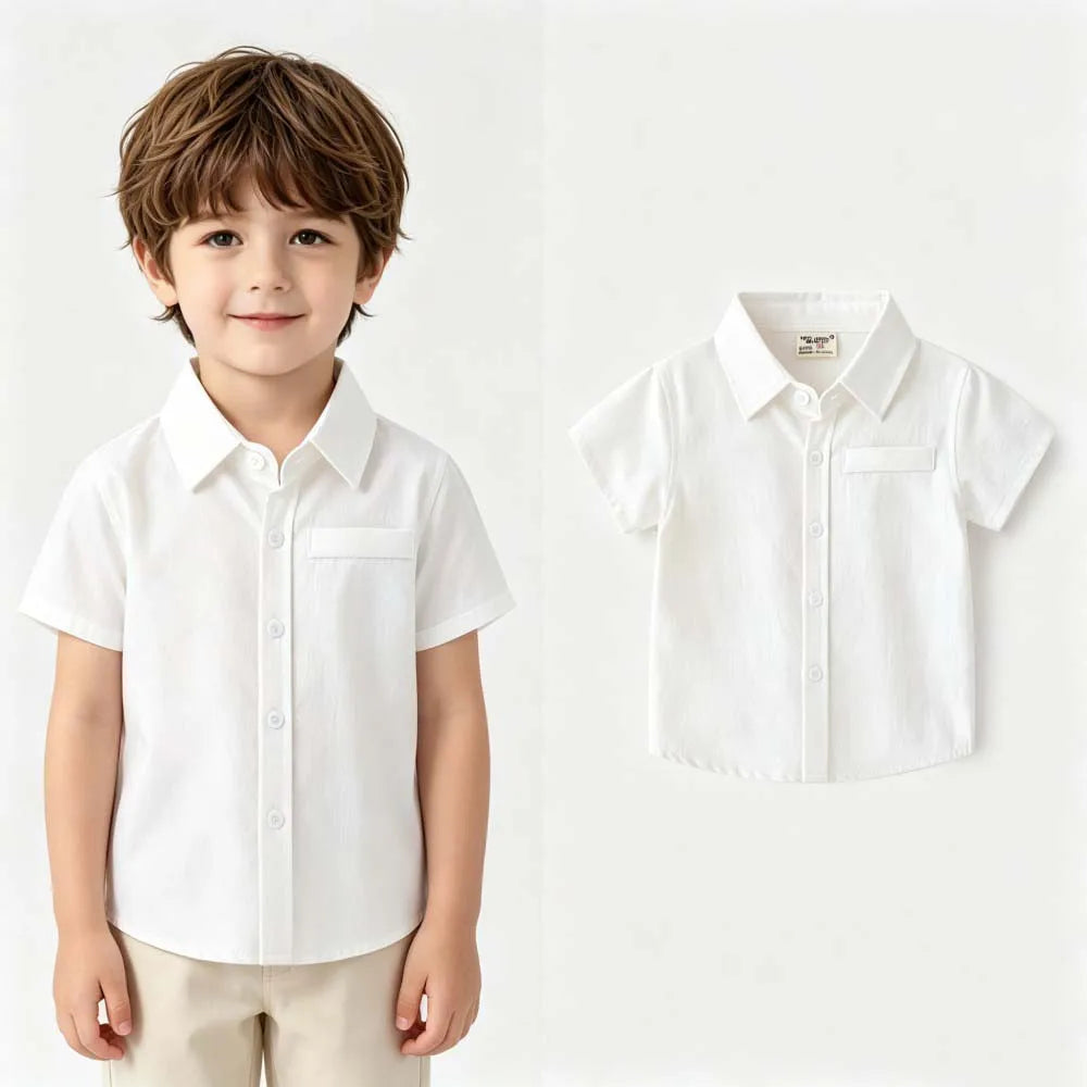 2-7Y Toddler Boys Cotton Button Up Shirts Solid Color Lapel Pocket Short Sleeve Kids Summer Casual School Outfit Blouses