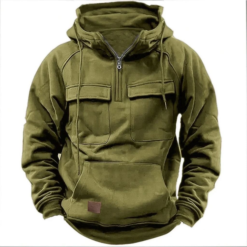 Fashionable Youth Men's Hoodie Solid Color Casual Autumn/Winter Pullover with Multi Pockets Patch Design