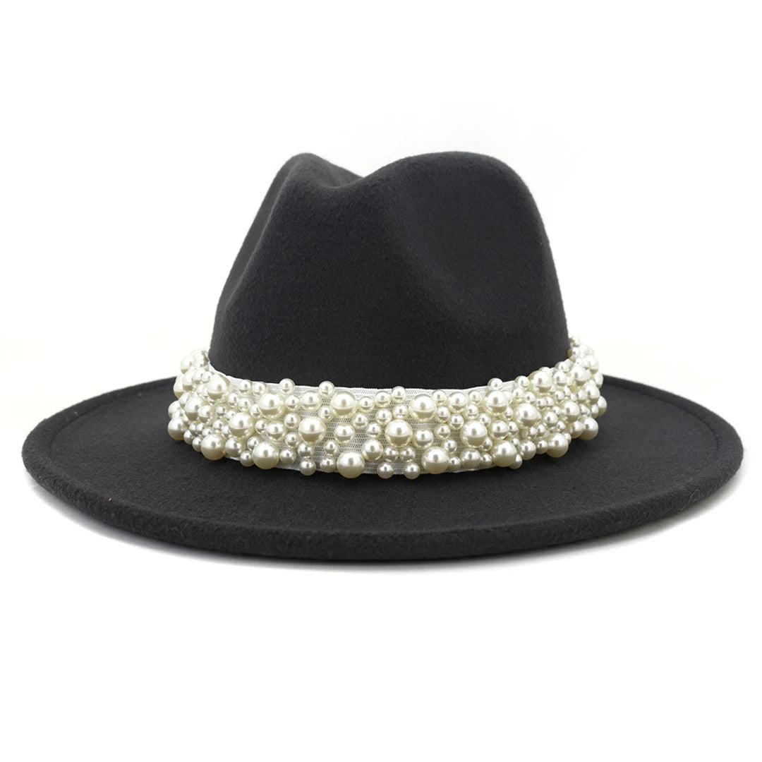 Fedora Hats for Women Wool Felt Panama Hat with Pearl Band Wide Brim Felt Hat Classic Trilby Jazz Hat Church Hats Women Elegant