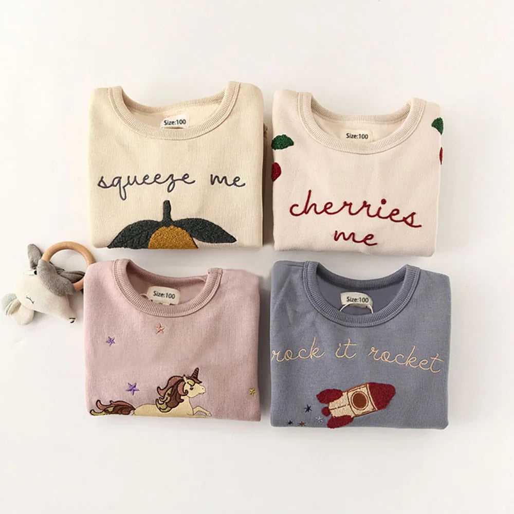 Boys and Girls' Sweatshirts Cute Embroidered Long Sleeve Pullover Top Kids Baby Clothes