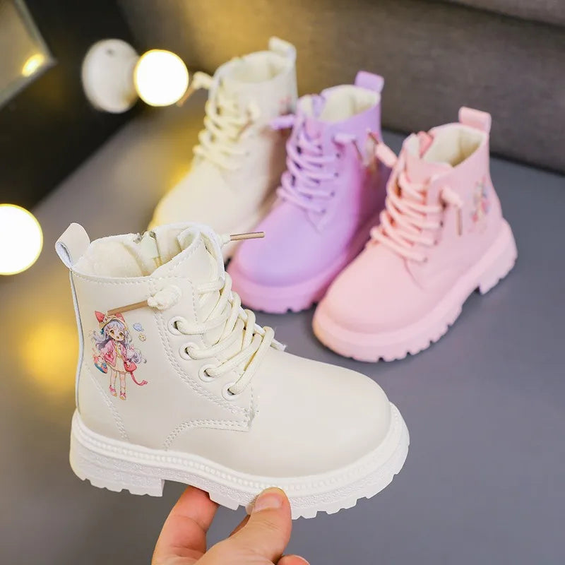 Girls Boots Kids Fashion Rubber Boots Cool Girl Autumn and Winter Cotton Soft Sole Pink with Cartoon Side Zip Princess Round-toe