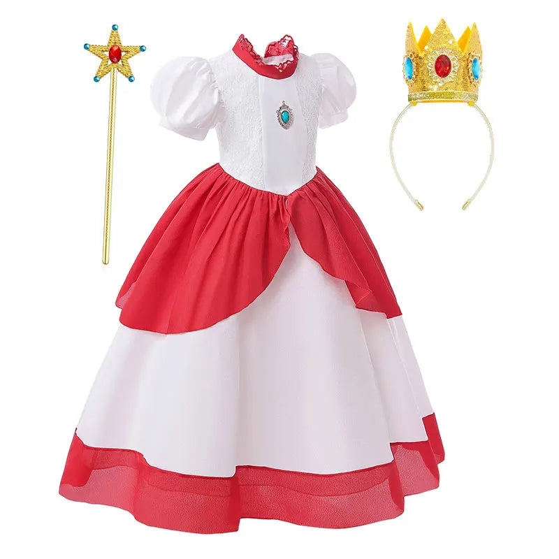 Kid White Peach Costume Princess Costume Plumber Adventure Girls Cosplay Apparel Halloween Video Game Victory Bonus Lolita Dress
