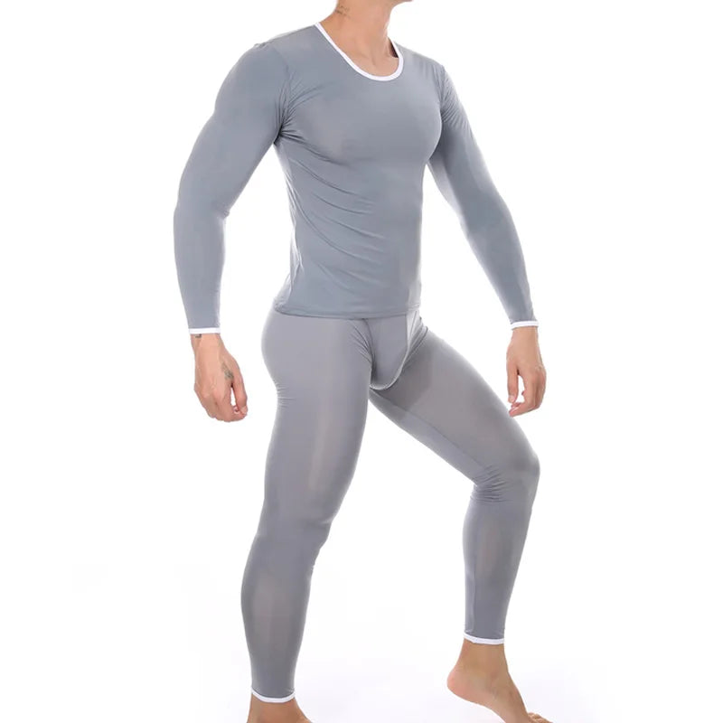 Men's Sexy Transparent Underwear Arrangement Sheer Ultra-Thin Seamless Warm Long Johns Ice Silk Comfortable Long Pajama Set