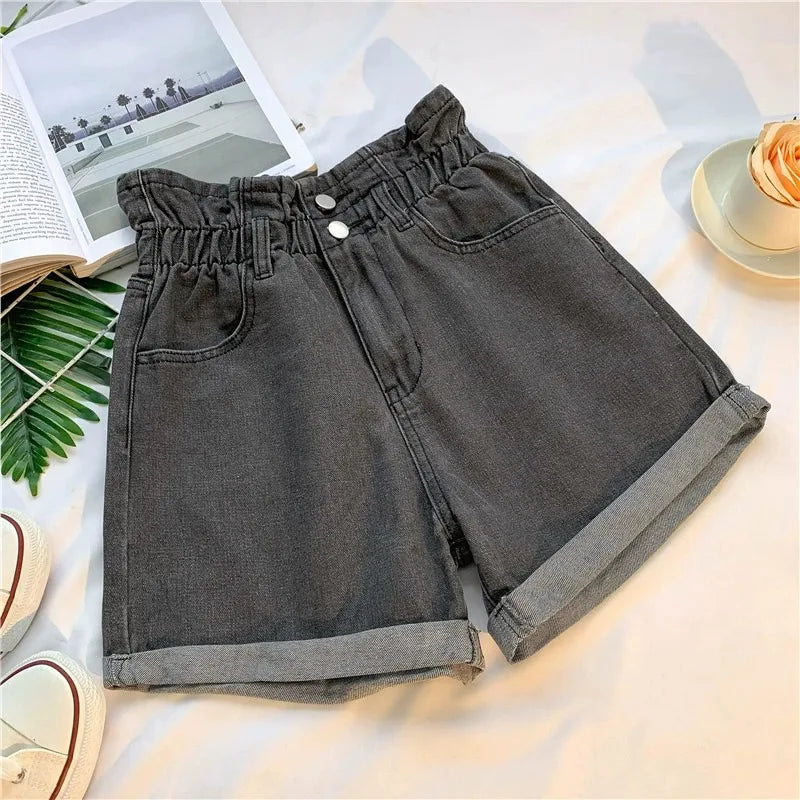 High Waist Wide Leg ort Jeans Women's Loose Slimming A-Line Pants Summer Casual Waed Denim Roll up Hem Floral Print