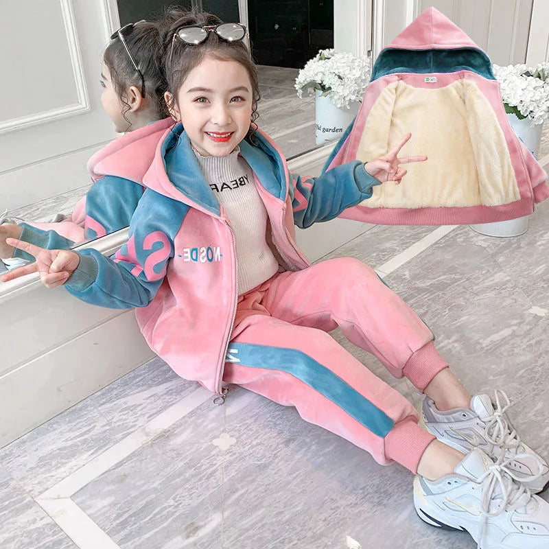 2026 Winter Autumn Girls Tracksuit Toddler Teenager Cloth Striped Velvet Jacket Hooded + Letters Pant Children Kids 8 10 12 Year
