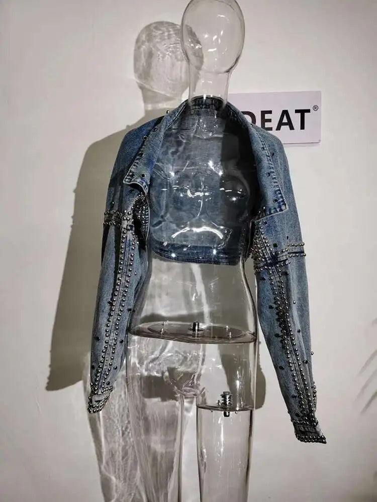 DEAT Casual Fashion Women's Denim Jackets New Solid Long Sleeve Turn-down Collar Patchwork Rivet Coat Female Summer 2024 17A1756