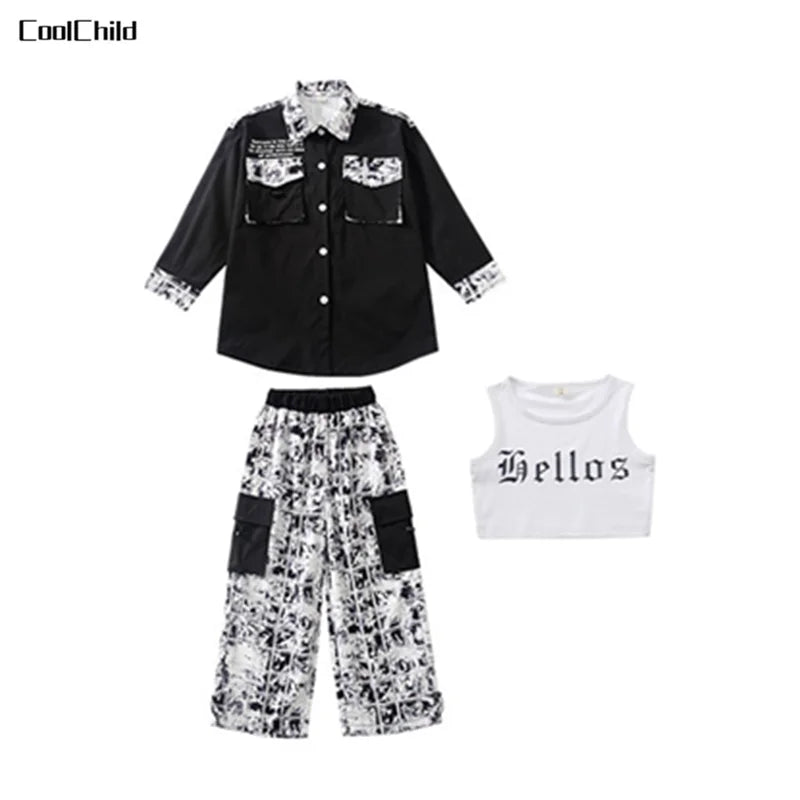 Hip Hop Girls Street Dance Jacket Contrast Cargo Pants Boys Shirt Joggers Clothes Set Kids Streetwear Child Jazz Costumes Outfit
