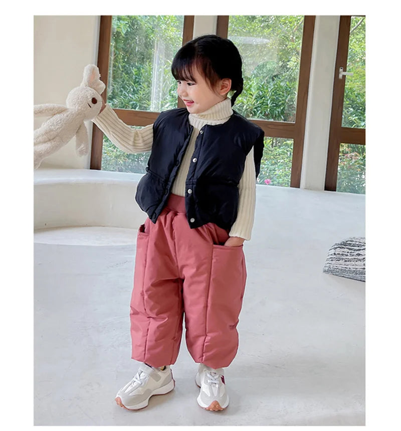 Girls Boys Down Cotton Pants Winter Kids Thick Fleece Warm Trousers Baby Padded Velvet Pants Children Clothes 2-6 Years