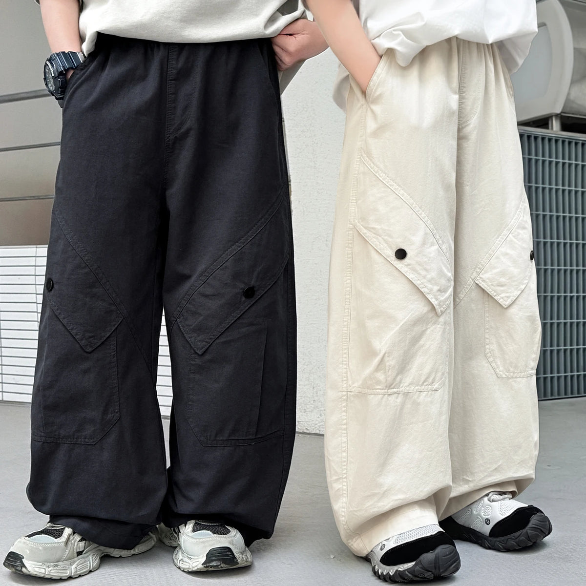 Kids Pants & Summer New Korean Solid Color Loose Cargo Pants for Boys Hip Hop Baby Cotton Wide-leg Pants Ages 3 5 6 7 8 9 12 14Y