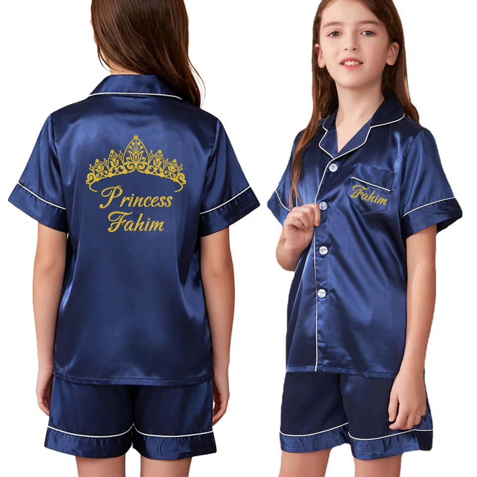 Custom Name and Date Children Pajama Silky Satin Pajamas Flower Girl Personalized Happy Birthday Pajamas Kids Princess Pajamas