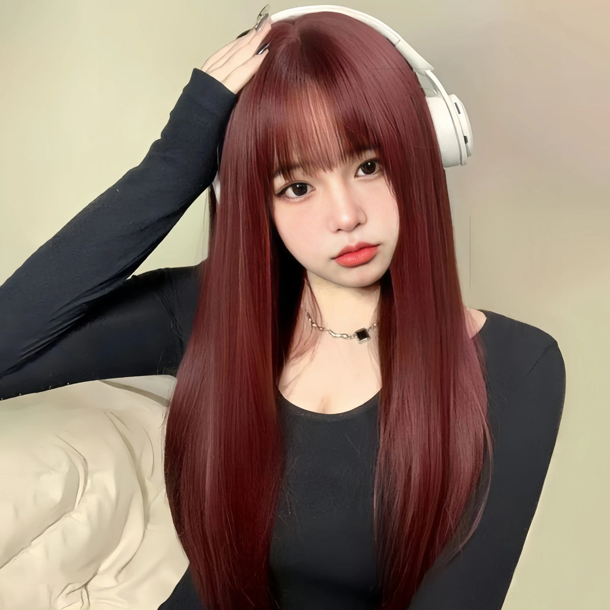 Wig female wine red long straight hair comic fringe temperament repair face synthetic fiber high temperature silk wig head cover