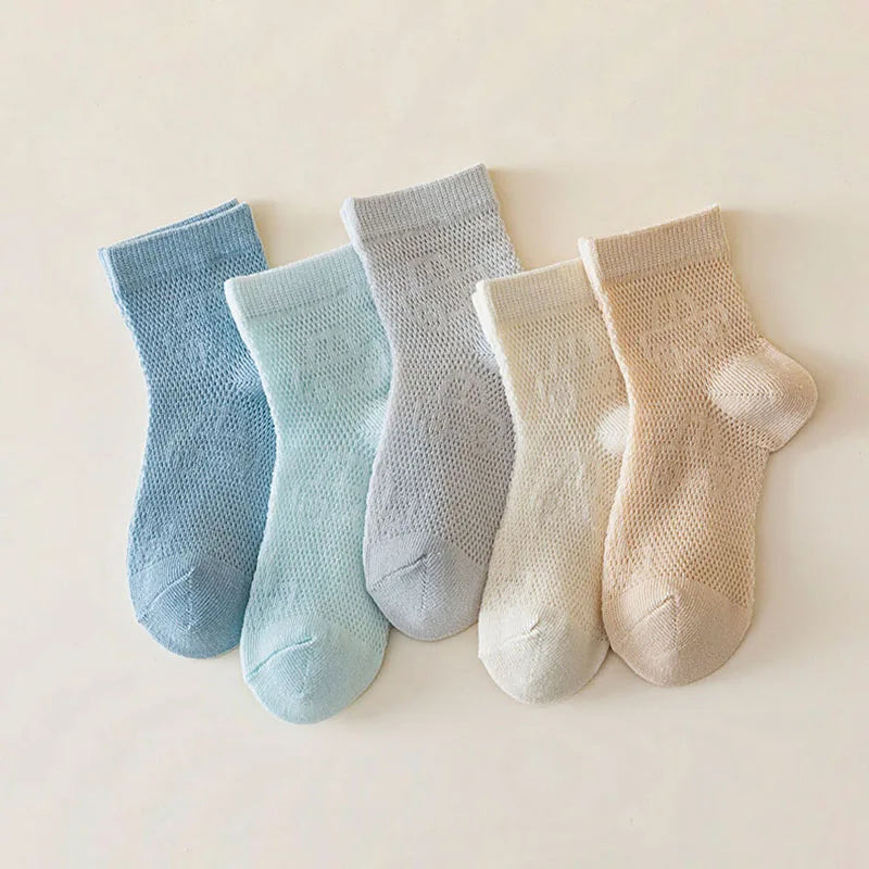 5 Pairs/Lot Kids Summer Socks Solid Color Thin Breathable Mesh Cotton Socks Cartoon Car Children Boys Casual Mid Tube Sock