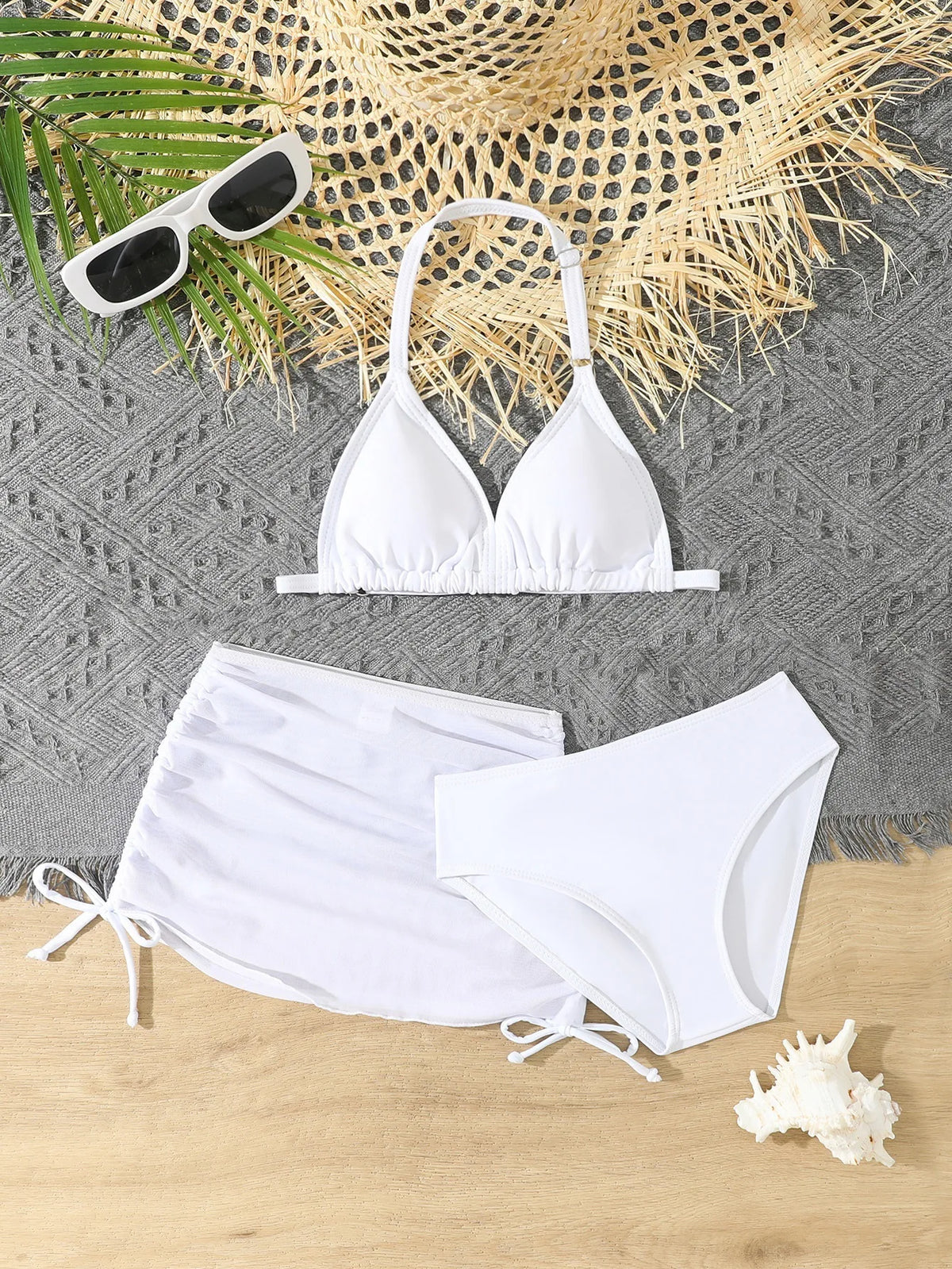 2025New Children's Bikini Swimsuit Cute Girls' Three-Piece Set with Chest Pad for Older Children