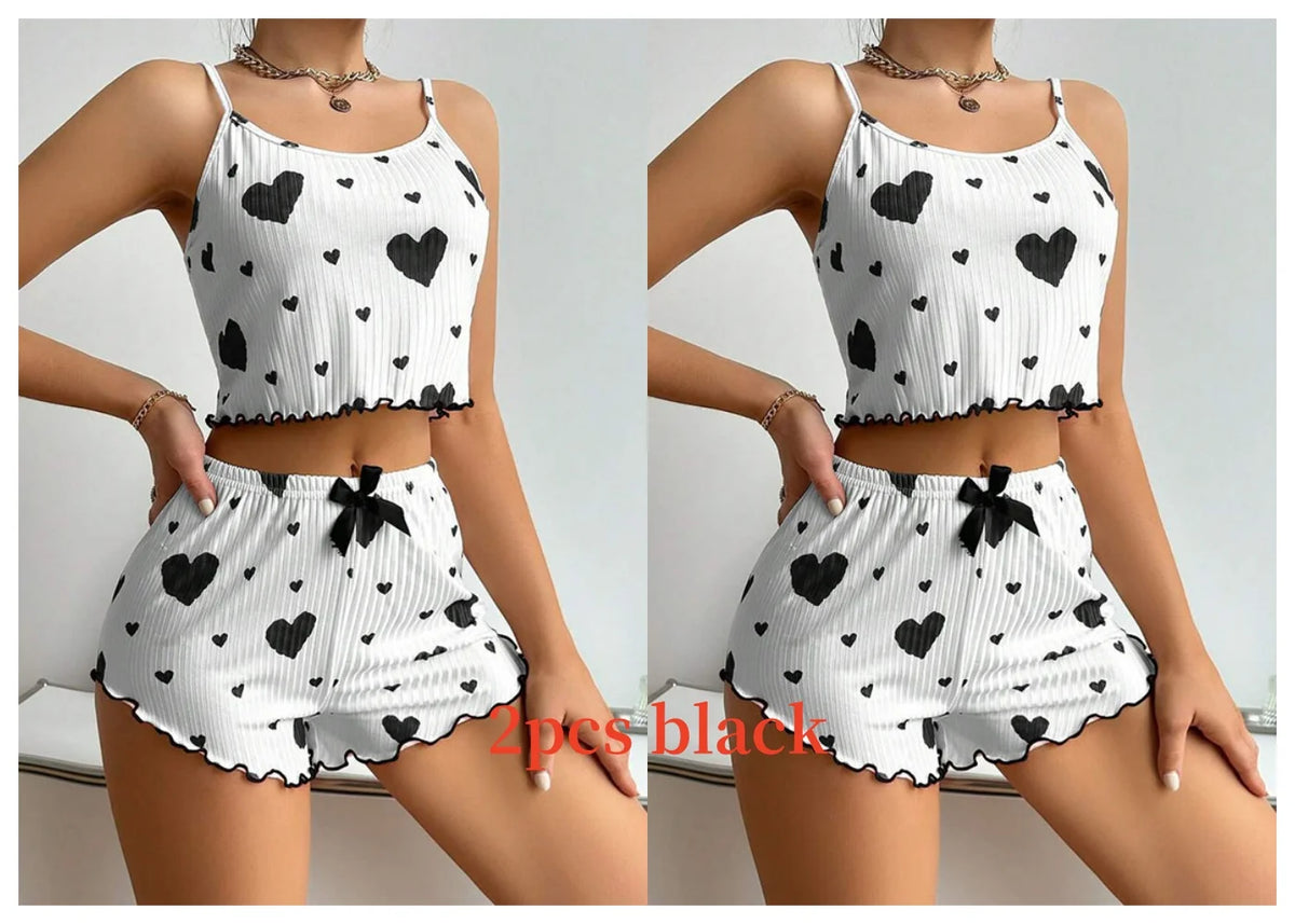 Teen girl Pajamas Set Sleepwear 2 PCS Short Tank Tops And Shorts S M L White Ventilate Soft Casual Love Printing
