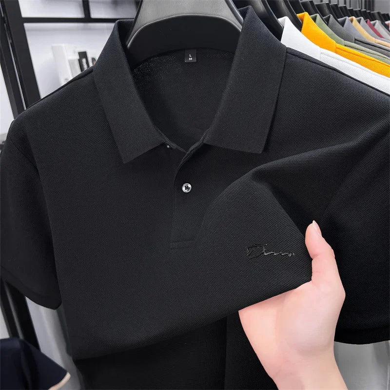Men's Summer High-End Printed Golf Polo Shirt with Collar, Solid Color, Breathable, Office Casual, High-Quality Men's Clothing