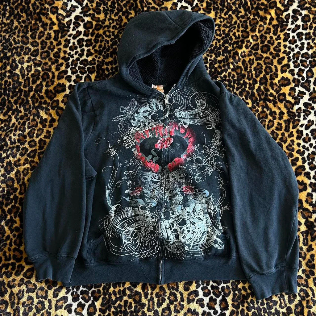 Women Zip up Emo Hoodies Gothic Heart Print Loose Long Sleeve Sweatshirt Jacket for Spring Fall Y2K Aesthetic Streetwear
