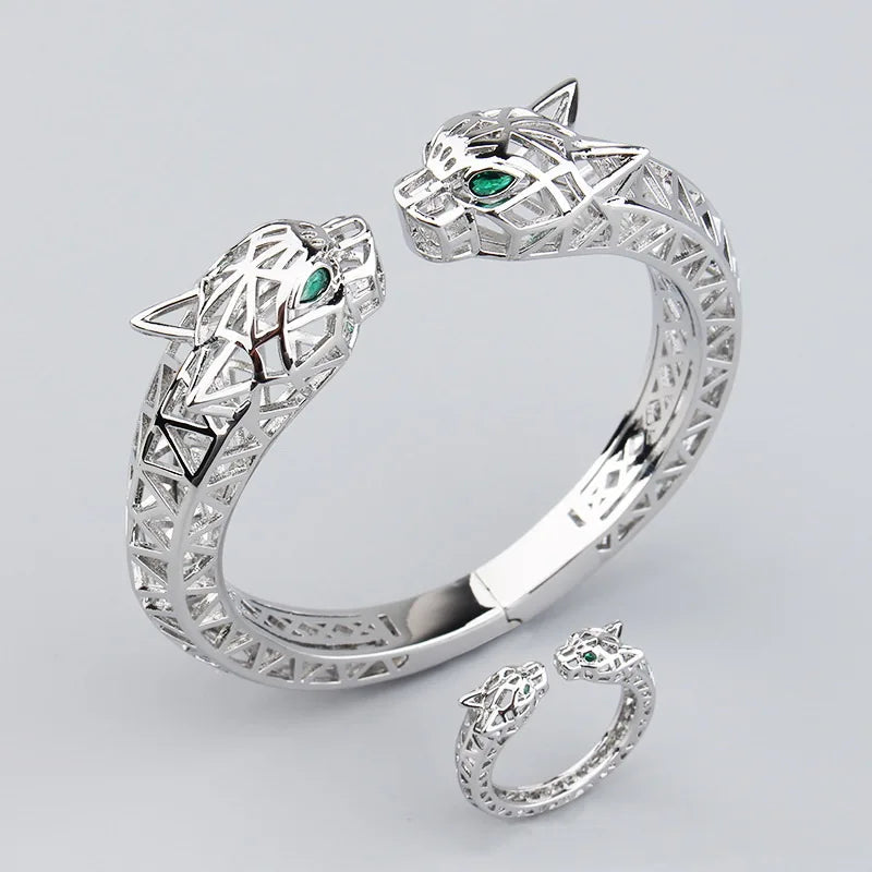Europe America Style Men Women Lady Plated Gold Color Inlay Cubic Zircon Hollow Out Green Eyes Double Leopard Open Ring Bracelet