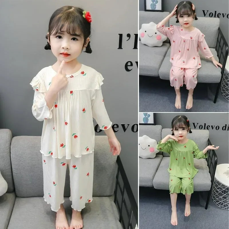 Summer Children's Pajama Sets for 1-9 Years Baby Girls Clothes Suit Cute Floral Ice Silk Kids Clothes Top+Pants Pajamas for Kids