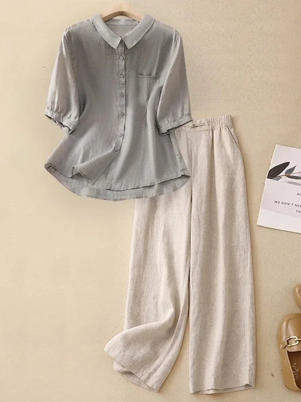 Large Size Summer Cotton Linen Set for Mom Casual Faionable Belly Covering Two Piece Suit ort Sve  Collar Button up