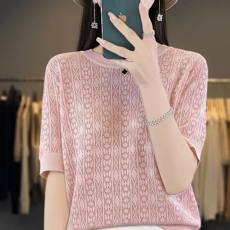 Summer New 100% Pure Cotton Sweater Short sleeved Women's Casual Solid Color Round Neck Pullover Loose Fashion Large Top