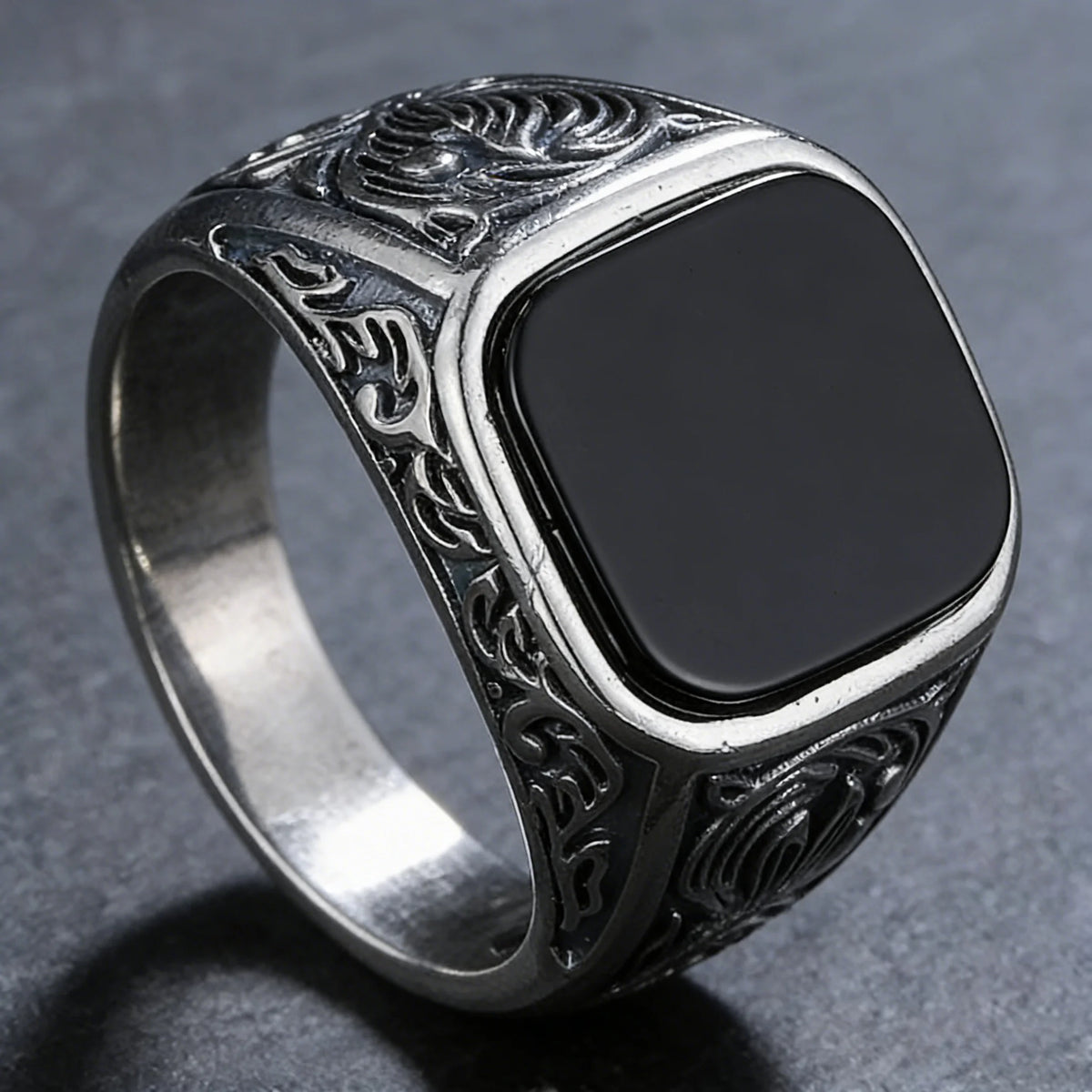 Men‘s Black Onyx Ring, 12x14mm Square Gem Carved Vintage Sterling Silver Band, Bold Gothic Statement Jewelry Gift for Him