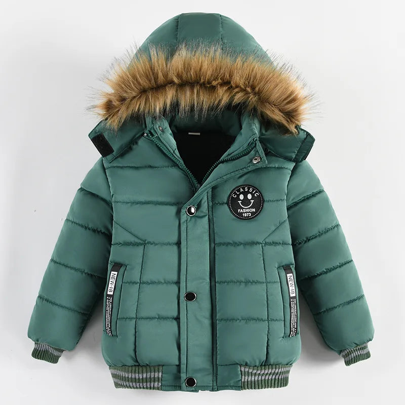 2-6 Years Autumn Winter Boys Jacket Warm Fur Collar Fashion Baby Girls Coat Hooded Zipper Outerwear Birthday Gift Kids Clothes