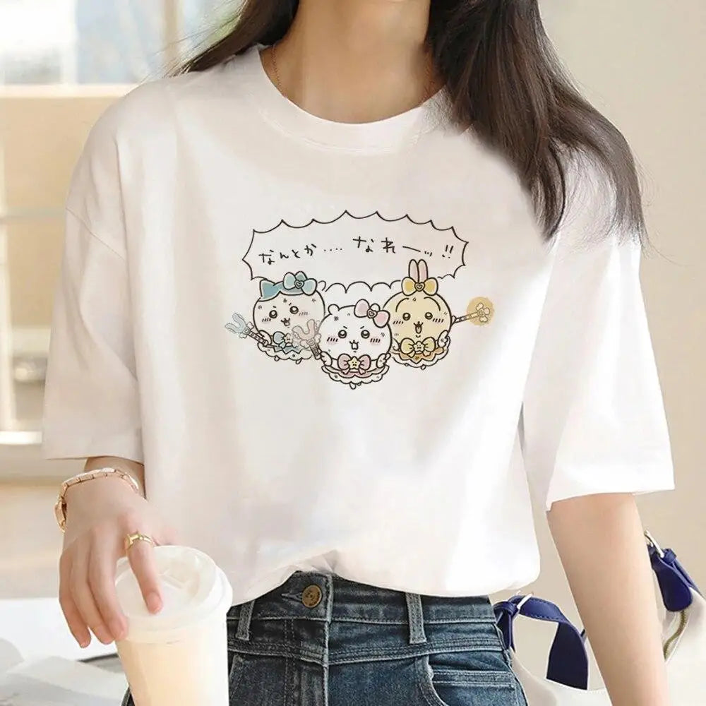 Kawaii Chiikawa Drinking Party T‑shirt Hachiware Usagi Kurimanju Cartoon Print Casual Loose Short Sleeve Tee Summer Unisex Tops