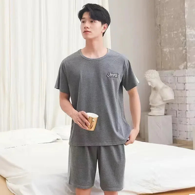Men Pajama Set Cotton Short Sleeve Shorts Casual Striped Nightwear Loungewear Two-Piece Set Plus Size Summer Man Sleepwear