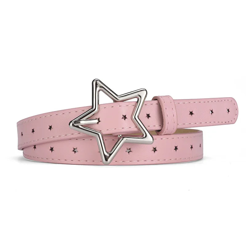 1.8x93cm Children Kids Five-pointed Star Metal Snap PU Leather Belt Girls Boys Silver Buckle Waistband Pants Decor Waist Belt