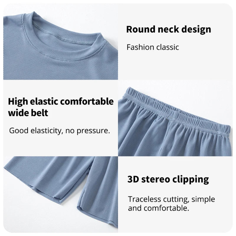 Children's Ice Silk Pajamas, Summer Thin Short Sleeved Shorts, 2-Piece Set of Big Boys and Girls' Home Clothing Set
