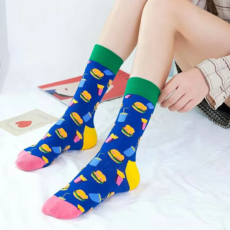 Funny Socks Men Women Casual Cartoon Beer Hamburger Egg Sausage Ice Cream Avocado Heart Sokken Unisex Novelty Skateboard Meias