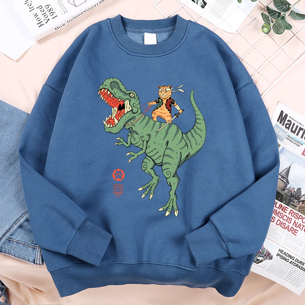 Japanese Harajuku Riding Dinosaur Cat Men Women Hoodie Fashion Fleece Hoodies Autumn Casual Clothing Fleece Oversized Streetwear