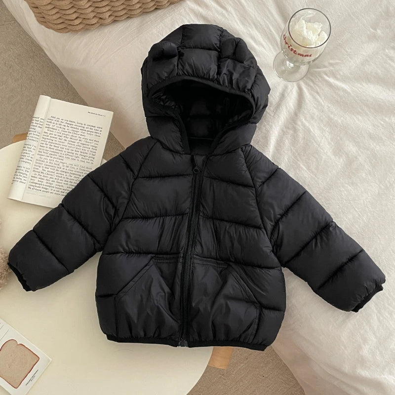 Kids Baby Lightweight Short Down Cotton Jacket Boys Girls Solid Loose Hooded Zipper Coats Autumn Winter Cotton-padded Outerwear