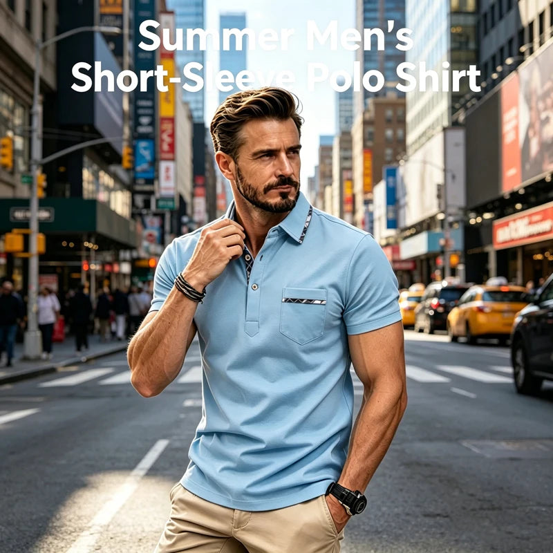 Men's Summer Fashion Lapel Polo Shirt Short Sleeve Solid Color Breathable Business Casual Daily Wear Top With Chest Pocket