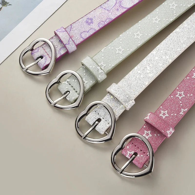 Children Faux Leather Belt Cute Heart Buckle Waist Belts Kids Shiny Waistband For Jeans Pants Dress Decorate New Fashion