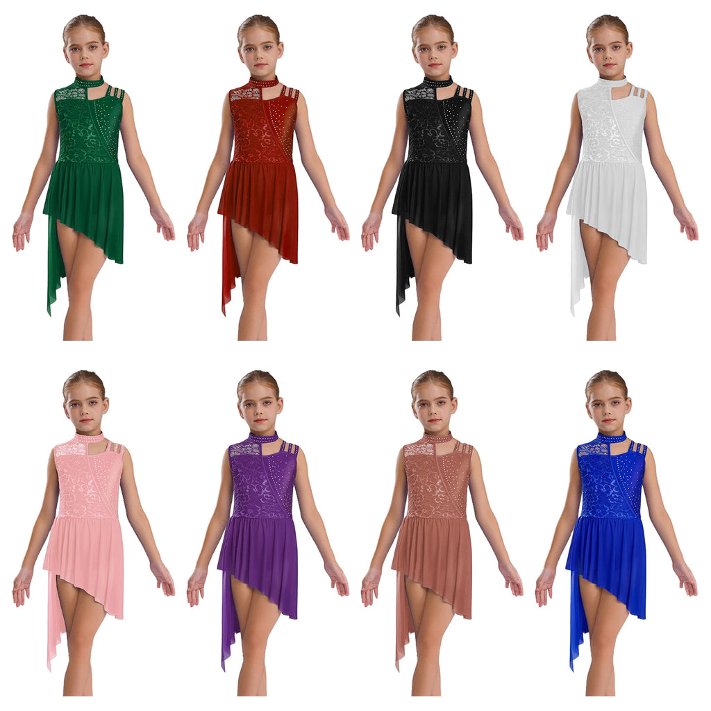 Kids Girls Ballet Lyrical Dance Dress Sleeveless Modern Contemporary Dancewear Floral Lace Rhinestones Gymnastics Leotard Dress